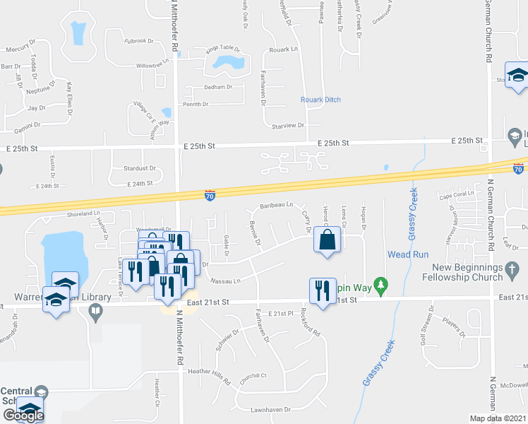 map of restaurants, bars, coffee shops, grocery stores, and more near 2313 Bernie Drive in Indianapolis