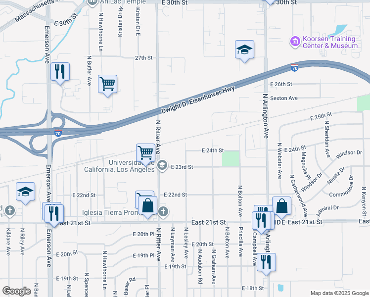 map of restaurants, bars, coffee shops, grocery stores, and more near 5604 East 24th Street in Indianapolis