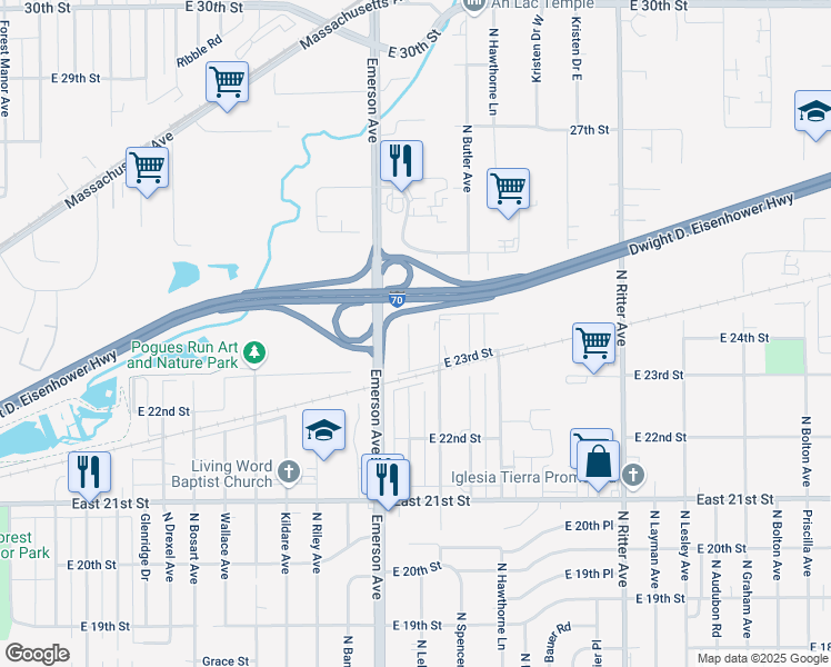 map of restaurants, bars, coffee shops, grocery stores, and more near 2325 North Leland Avenue in Indianapolis