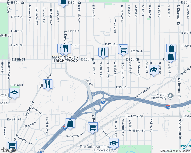 map of restaurants, bars, coffee shops, grocery stores, and more near 2341 North Rural Street in Indianapolis