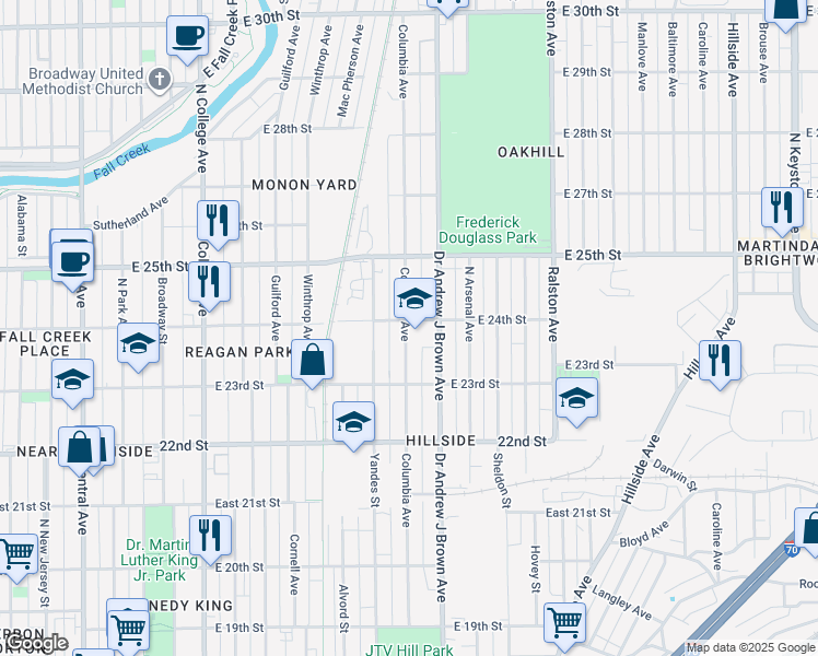 map of restaurants, bars, coffee shops, grocery stores, and more near 2384 Doctor Andrew J Brown Avenue in Indianapolis