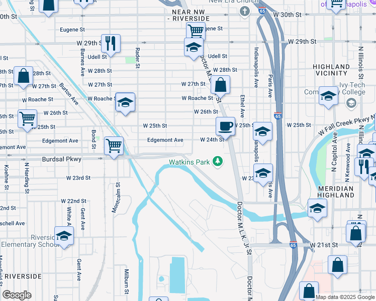 map of restaurants, bars, coffee shops, grocery stores, and more near 819 Edgemont Avenue in Indianapolis