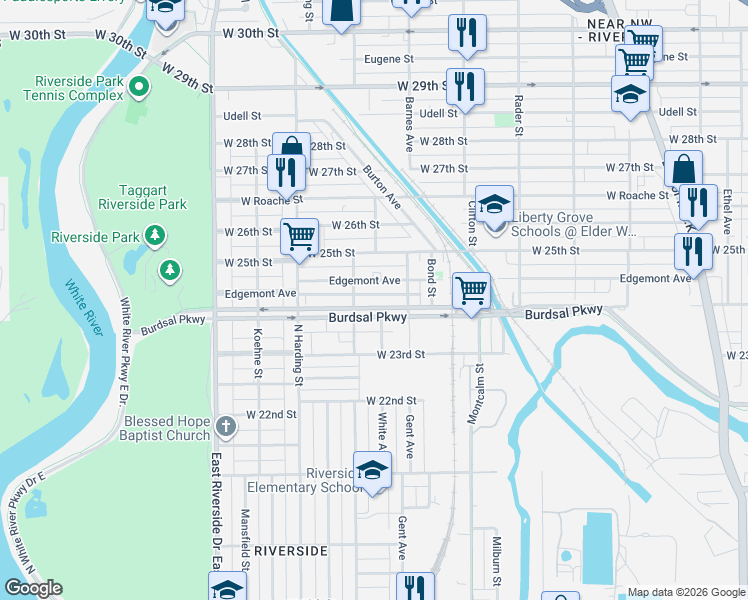 map of restaurants, bars, coffee shops, grocery stores, and more near 1234 Burdsal Parkway in Indianapolis