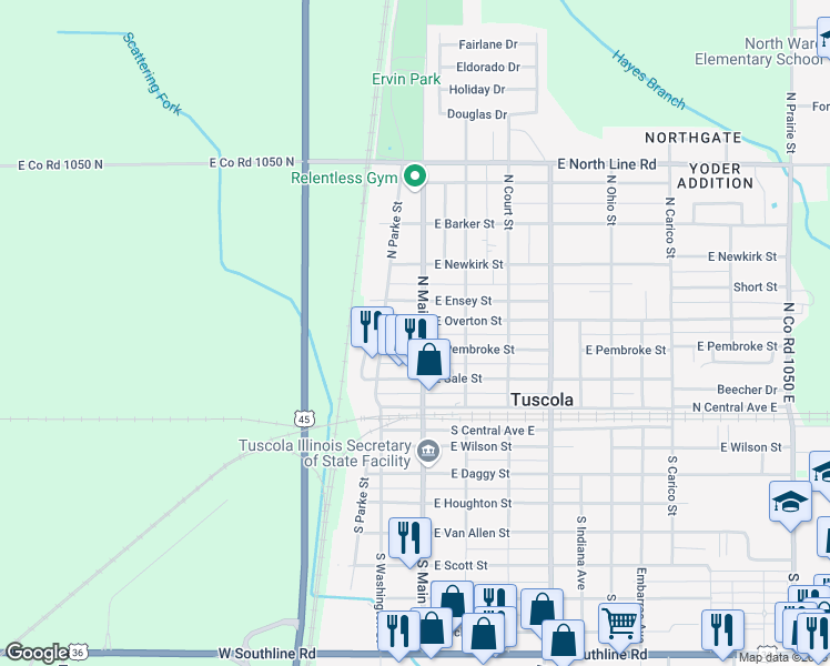 map of restaurants, bars, coffee shops, grocery stores, and more near 108 West Pembroke Street in Tuscola