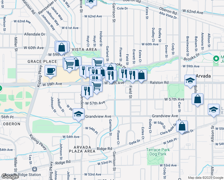 map of restaurants, bars, coffee shops, grocery stores, and more near 9222 West 58th Avenue in Arvada
