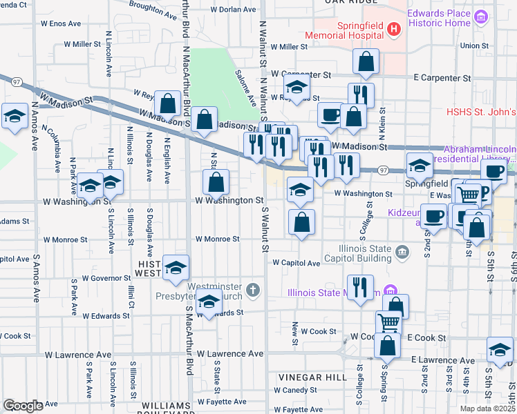 map of restaurants, bars, coffee shops, grocery stores, and more near 115 South Walnut Street in Springfield