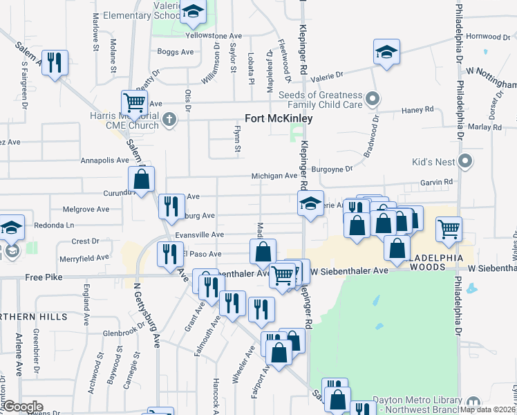 map of restaurants, bars, coffee shops, grocery stores, and more near 3601 Pittsburg Avenue in Dayton