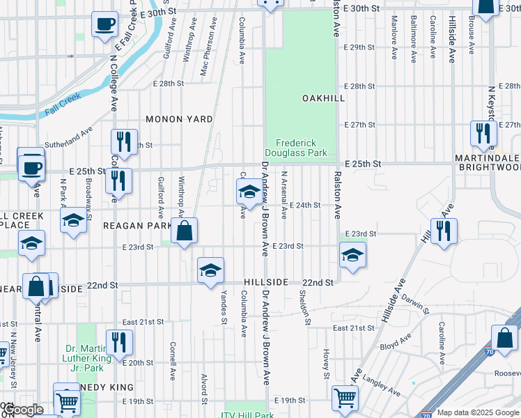 map of restaurants, bars, coffee shops, grocery stores, and more near 2384 Doctor Andrew J Brown Avenue in Indianapolis