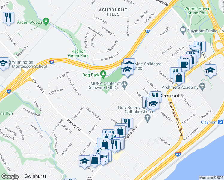 map of restaurants, bars, coffee shops, grocery stores, and more near 3032 Greenshire Avenue in Claymont