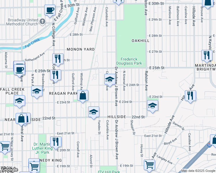 map of restaurants, bars, coffee shops, grocery stores, and more near 2353 Columbia Avenue in Indianapolis