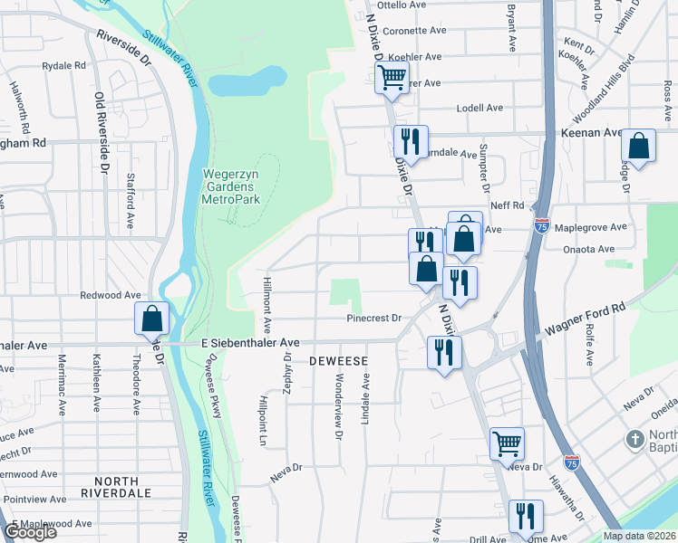 map of restaurants, bars, coffee shops, grocery stores, and more near 3710 Ridge Avenue in Dayton