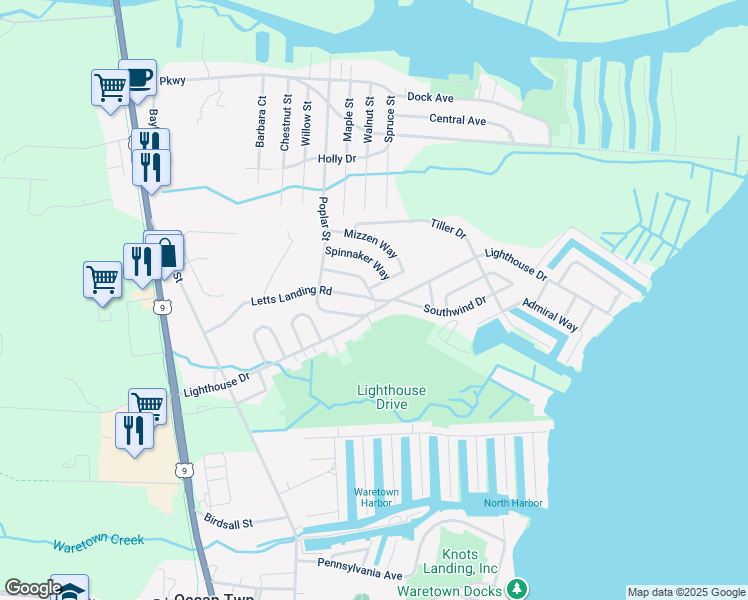 map of restaurants, bars, coffee shops, grocery stores, and more near 61 Letts Landing Road in Ocean Township