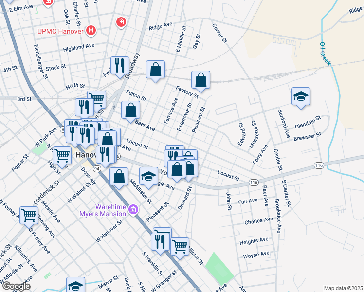 map of restaurants, bars, coffee shops, grocery stores, and more near 313 Baer Avenue in Hanover