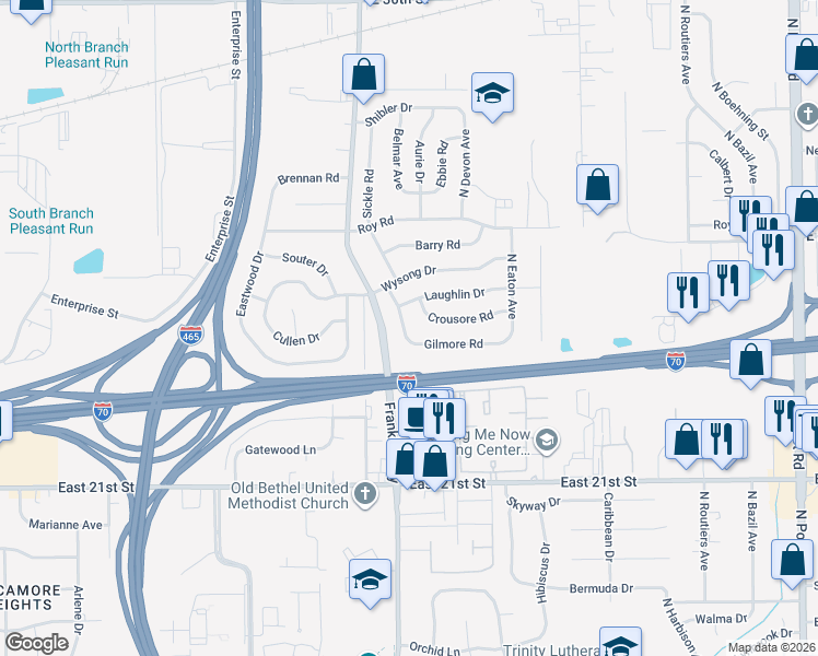 map of restaurants, bars, coffee shops, grocery stores, and more near 2322 Sickle Road in Indianapolis