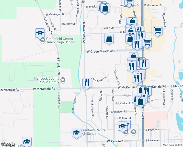 map of restaurants, bars, coffee shops, grocery stores, and more near 808 Meadow Lane in Greenfield