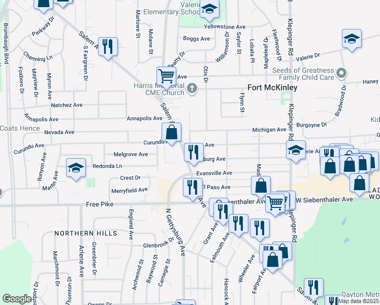 map of restaurants, bars, coffee shops, grocery stores, and more near 3977 Salem Avenue in Dayton