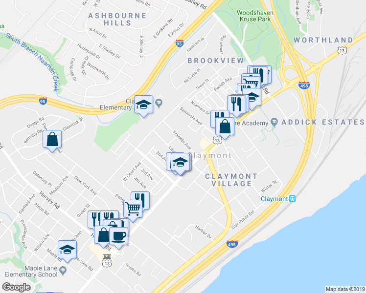 map of restaurants, bars, coffee shops, grocery stores, and more near 11 Franklin Avenue in Claymont