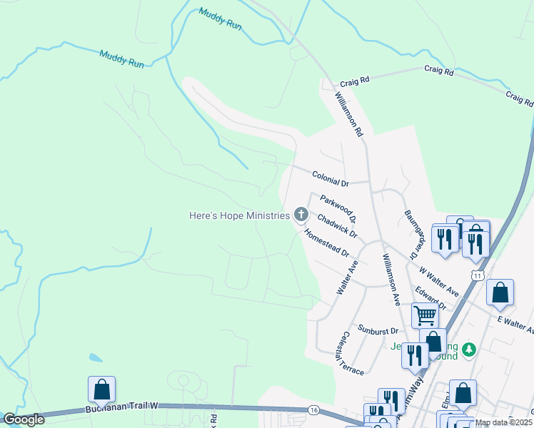 map of restaurants, bars, coffee shops, grocery stores, and more near Shannon DR S in Greencastle