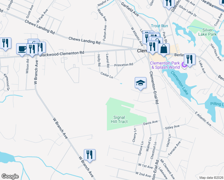 map of restaurants, bars, coffee shops, grocery stores, and more near 2 Cedar Lane in Clementon