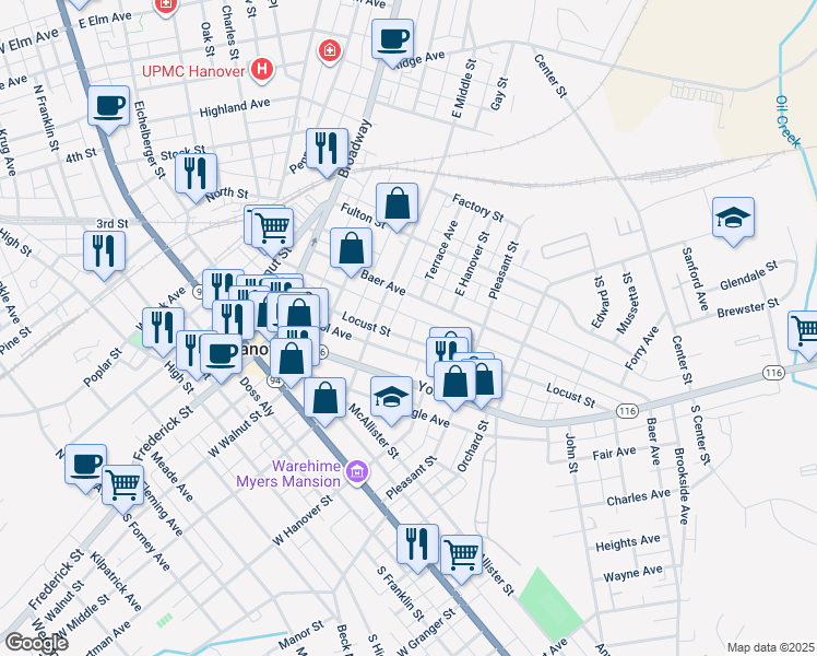 map of restaurants, bars, coffee shops, grocery stores, and more near 232 Locust Street in Hanover