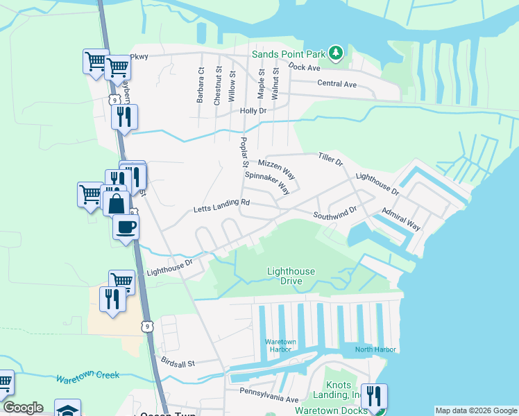map of restaurants, bars, coffee shops, grocery stores, and more near 48 Letts Landing Road in Ocean Township