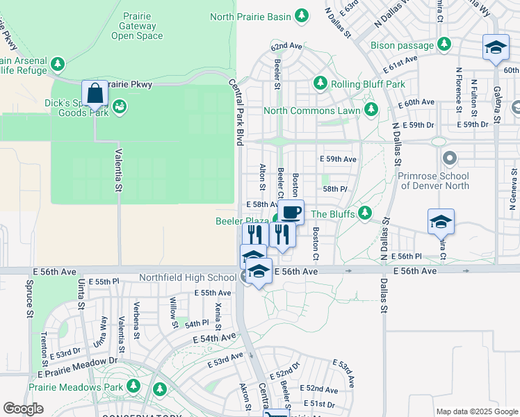 map of restaurants, bars, coffee shops, grocery stores, and more near 9090 East 58th Avenue in Denver