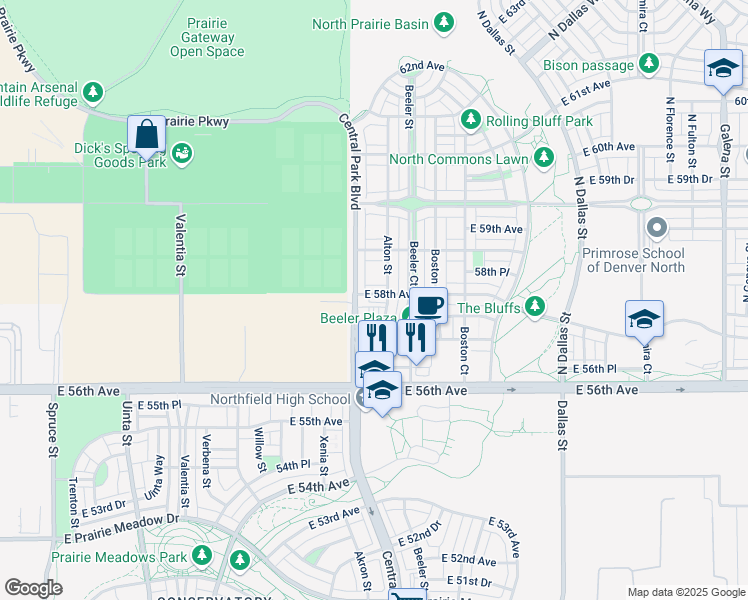 map of restaurants, bars, coffee shops, grocery stores, and more near 9020 East 58th Avenue in Denver