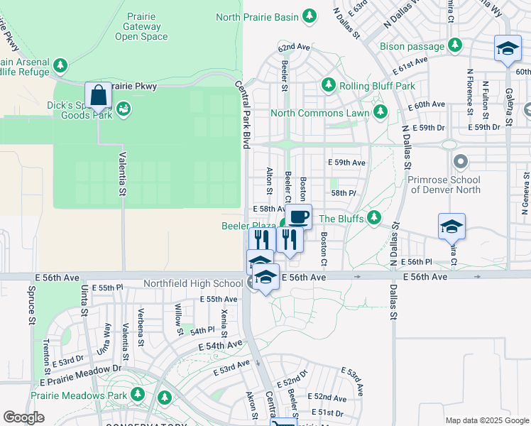 map of restaurants, bars, coffee shops, grocery stores, and more near 9090 East 58th Avenue in Denver