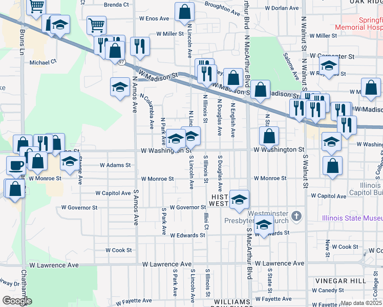 map of restaurants, bars, coffee shops, grocery stores, and more near 120 South Lincoln Avenue in Springfield