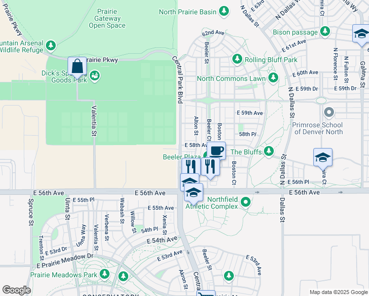 map of restaurants, bars, coffee shops, grocery stores, and more near 8920 East 58th Avenue in Denver
