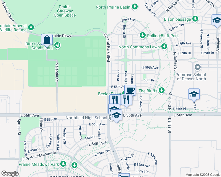 map of restaurants, bars, coffee shops, grocery stores, and more near 8920 East 58th Avenue in Denver