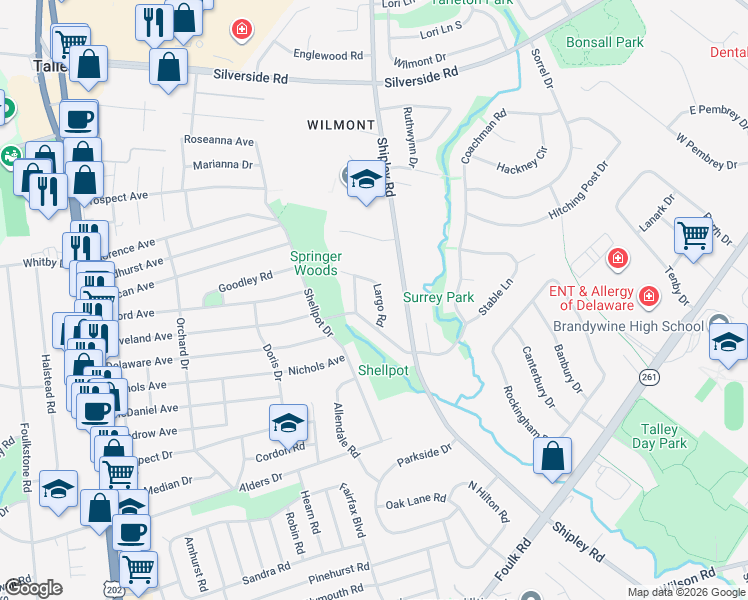 map of restaurants, bars, coffee shops, grocery stores, and more near 2104 Largo Road in Wilmington