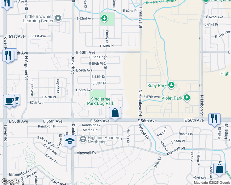 map of restaurants, bars, coffee shops, grocery stores, and more near 5756 North Genoa Way in Aurora