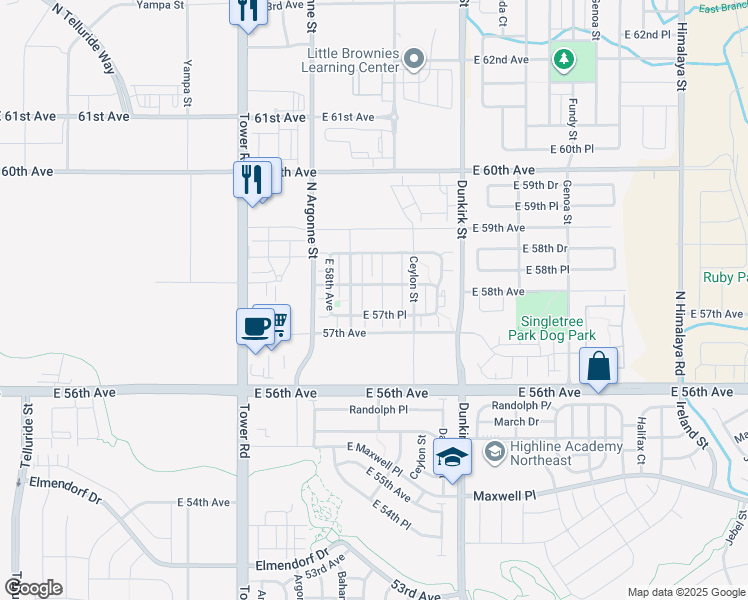 map of restaurants, bars, coffee shops, grocery stores, and more near 19017 East 57th Place in Denver