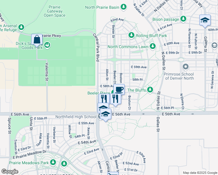 map of restaurants, bars, coffee shops, grocery stores, and more near 5764 Alton Street in Denver