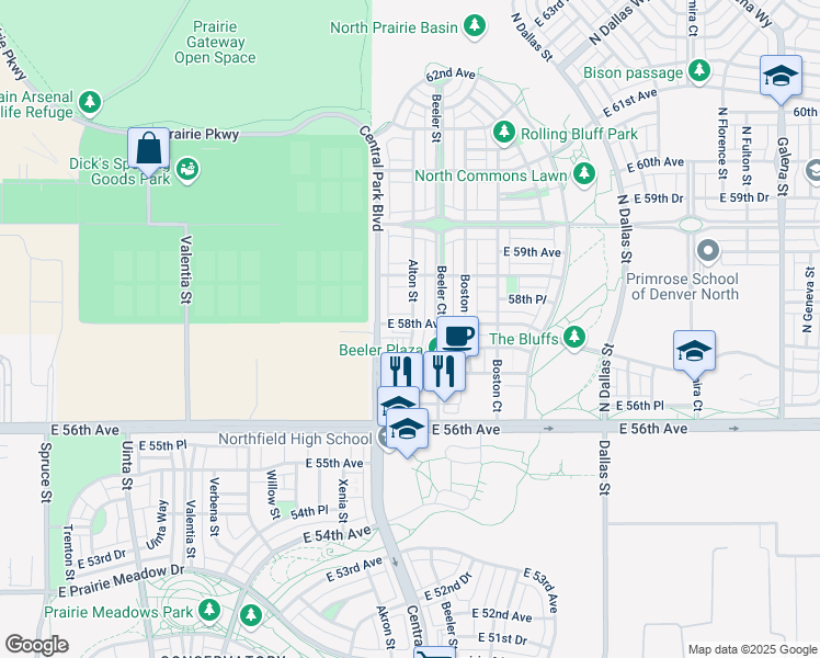 map of restaurants, bars, coffee shops, grocery stores, and more near 5764 Alton Street in Denver