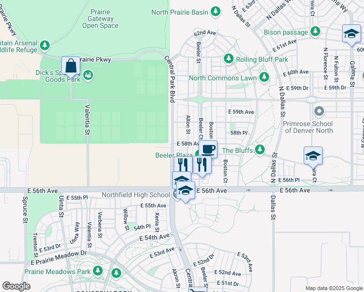 map of restaurants, bars, coffee shops, grocery stores, and more near 5764 Alton Street in Denver