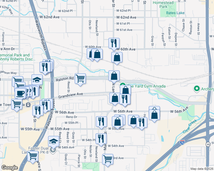 map of restaurants, bars, coffee shops, grocery stores, and more near 6505 Grandview Avenue in Arvada