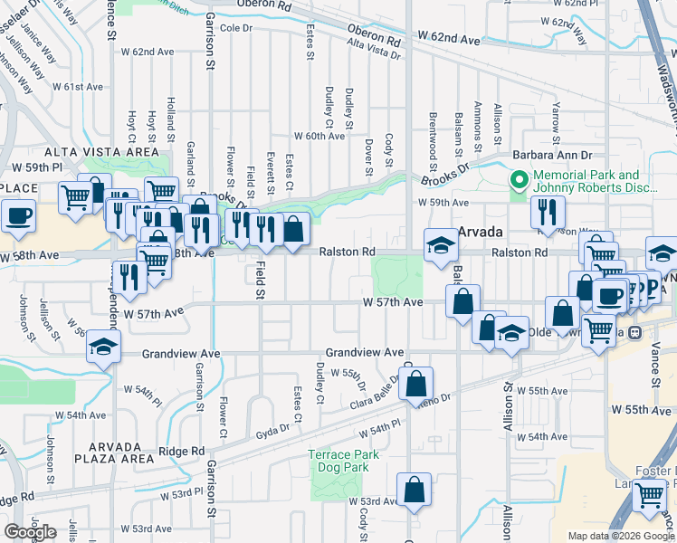 map of restaurants, bars, coffee shops, grocery stores, and more near 5730 Dudley Street in Arvada