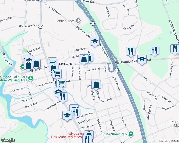 map of restaurants, bars, coffee shops, grocery stores, and more near 7 Cloverdale Road in Camden County