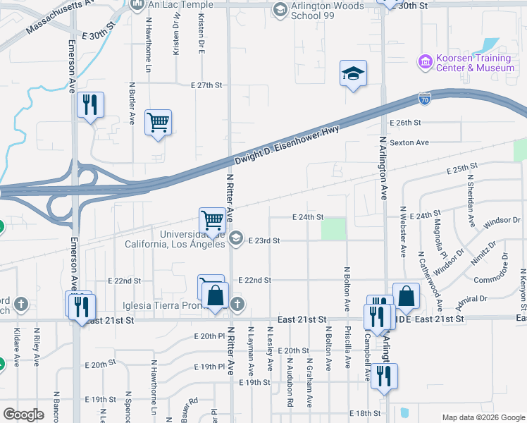 map of restaurants, bars, coffee shops, grocery stores, and more near 5604 East 24th Street in Indianapolis