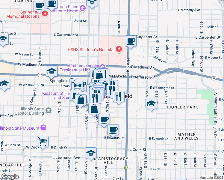 map of restaurants, bars, coffee shops, grocery stores, and more near 701 East Adams Street in Springfield