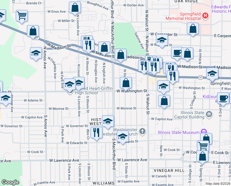 map of restaurants, bars, coffee shops, grocery stores, and more near 113 South MacArthur Boulevard in Springfield