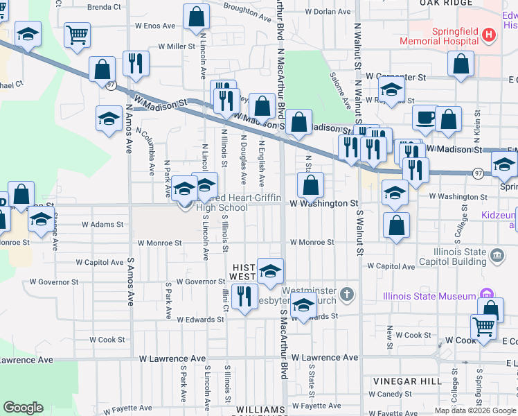 map of restaurants, bars, coffee shops, grocery stores, and more near 114 South Douglas Avenue in Springfield