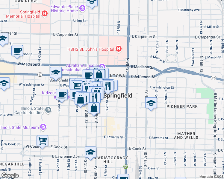 map of restaurants, bars, coffee shops, grocery stores, and more near 701 East Adams Street in Springfield