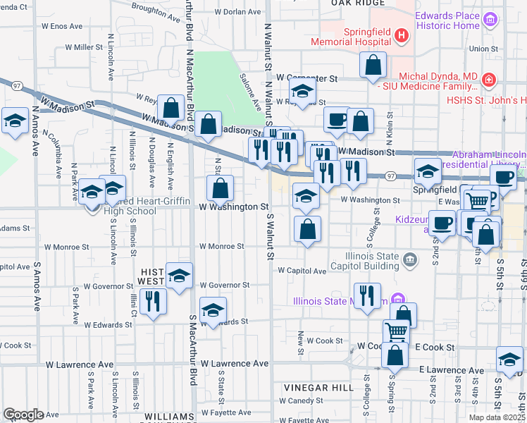 map of restaurants, bars, coffee shops, grocery stores, and more near 101 South Walnut Street in Springfield