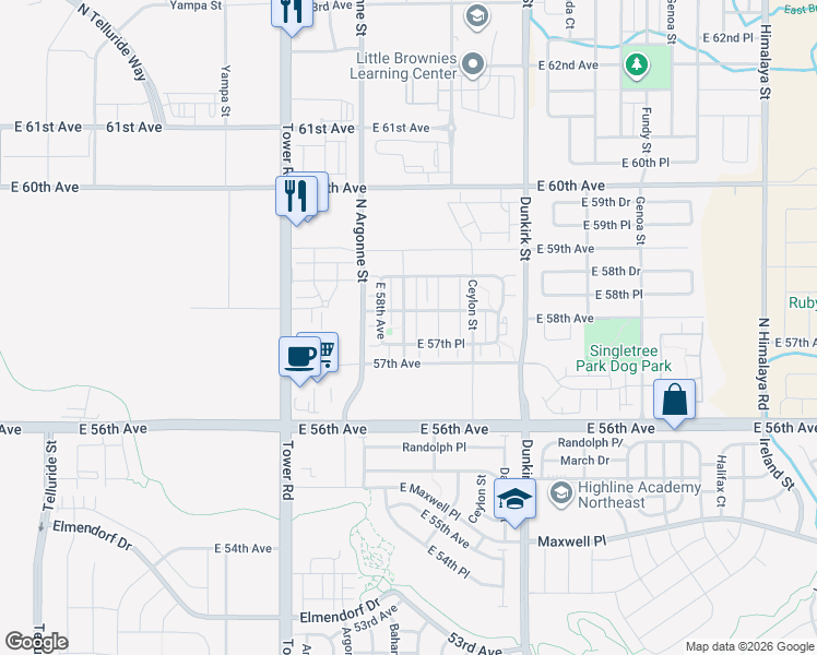 map of restaurants, bars, coffee shops, grocery stores, and more near 5764 Biscay Street in Denver