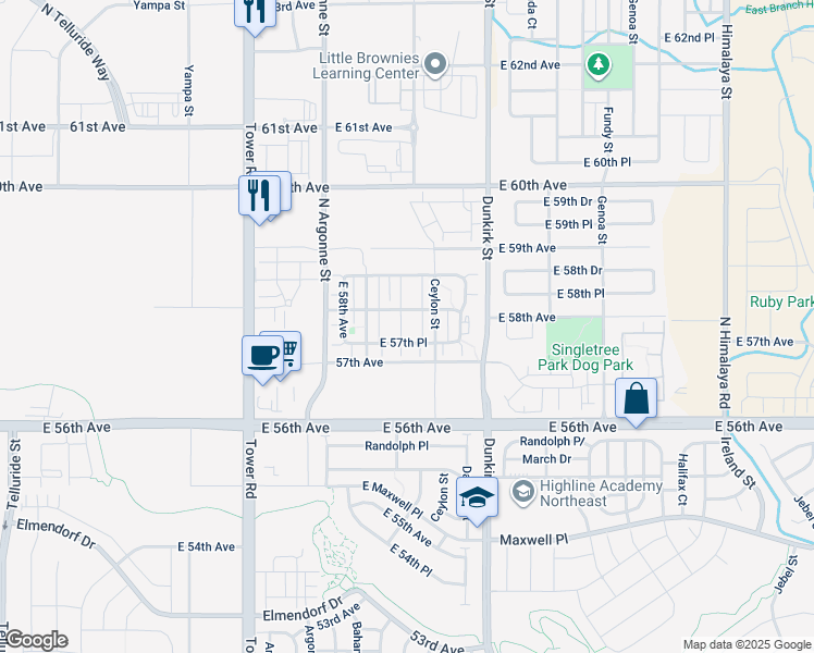 map of restaurants, bars, coffee shops, grocery stores, and more near 19017 East 57th Place in Denver