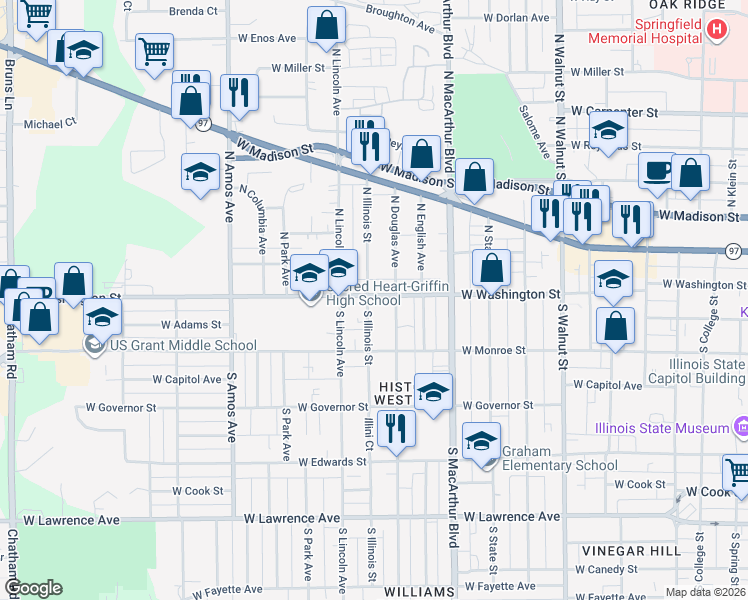 map of restaurants, bars, coffee shops, grocery stores, and more near 108 South Illinois Street in Springfield