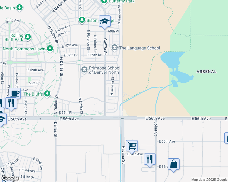 map of restaurants, bars, coffee shops, grocery stores, and more near 5774 North Geneva Street in Denver